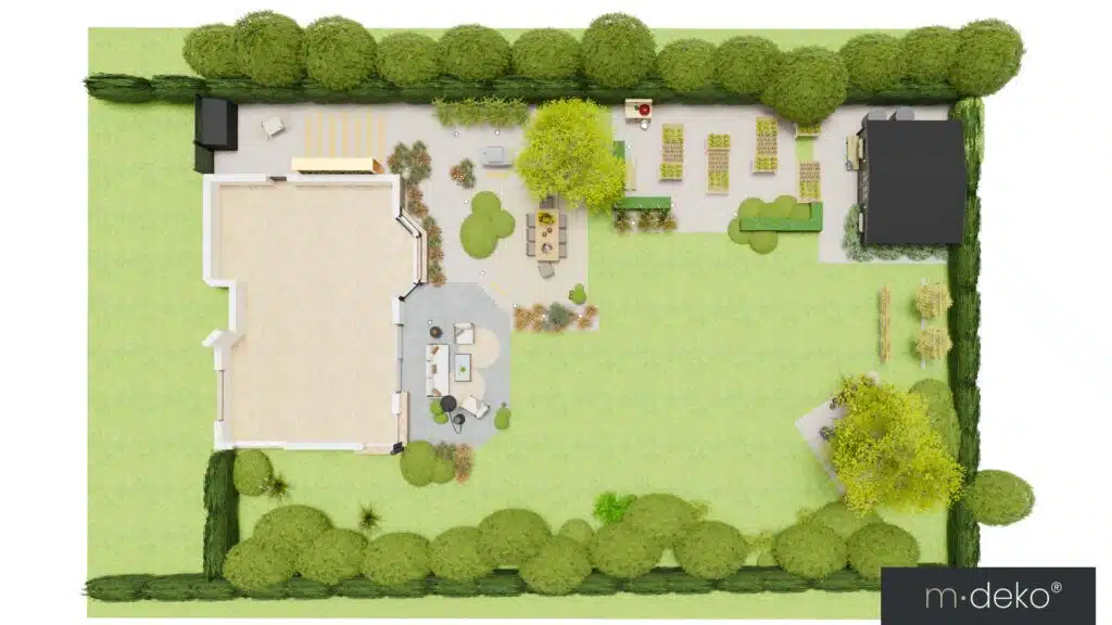 Vue 3D d’un jardin paysager avec terrasse et aménagement extérieur verdoyant