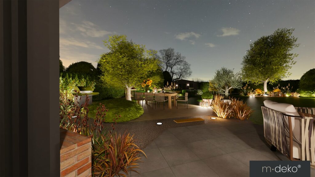 Terrasse d’aménagement extérieur de nuit avec éclairage paysager, végétation et mobilier design