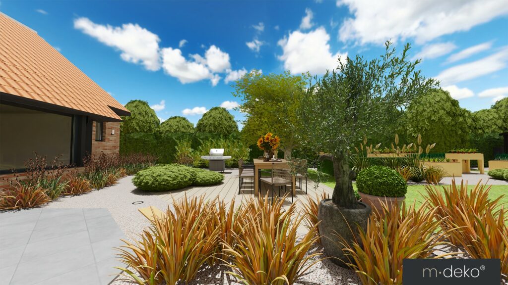 Terrasse contemporaine avec aménagement paysager, plantes en bacs et coin détente, vue jardin et villa moderne