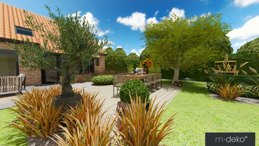 Terrasse et jardin paysager avec allées en pierre, végétation et oliviers près d’une maison moderne