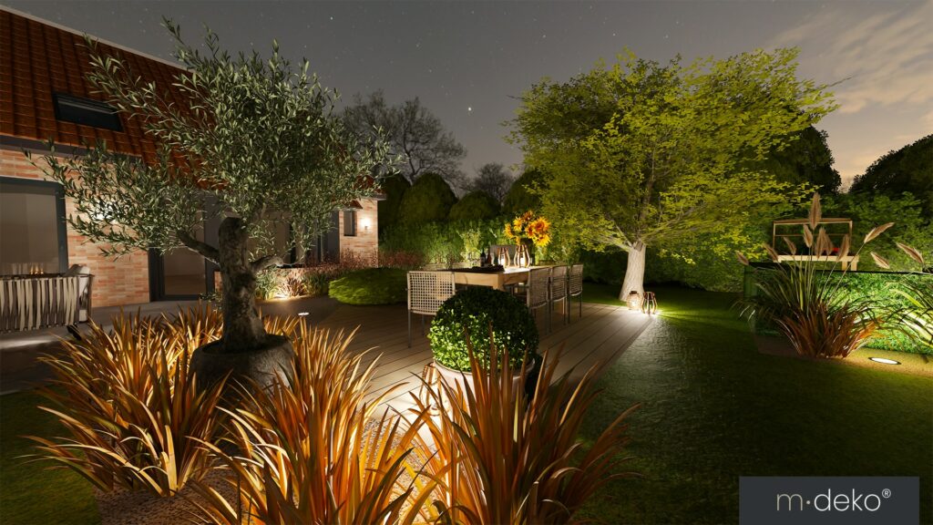 Jardin paysagé de nuit avec terrasse éclairée, plantes et graminées