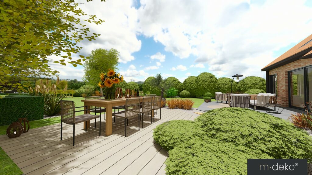 Terrasse moderne avec mobilier en bois, massifs verts et vue sur jardin, aménagement extérieur