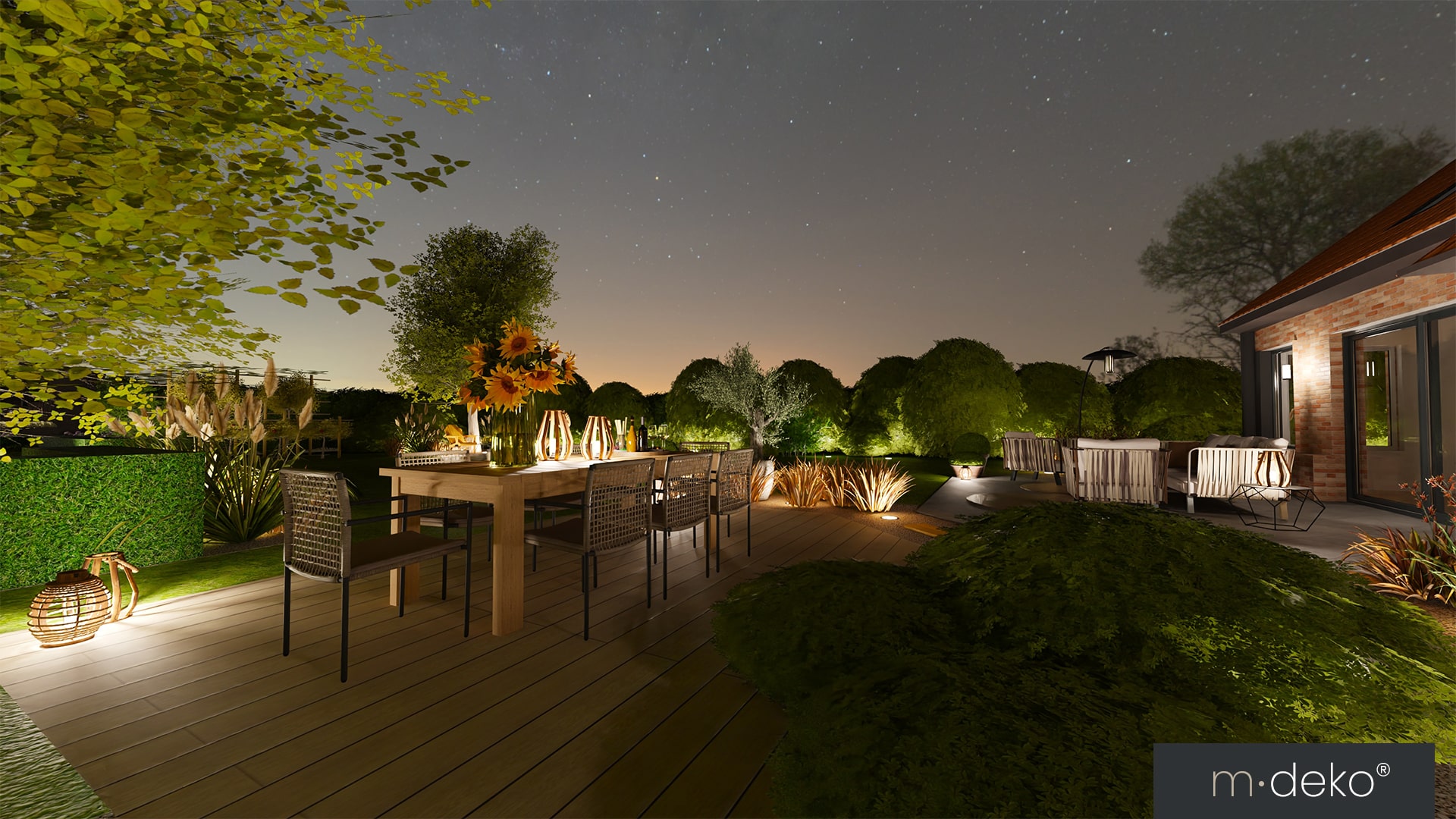 Terrasse extérieure illuminée avec table en bois, jardinières et éclairage paysager au coucher du soleil, design 3D