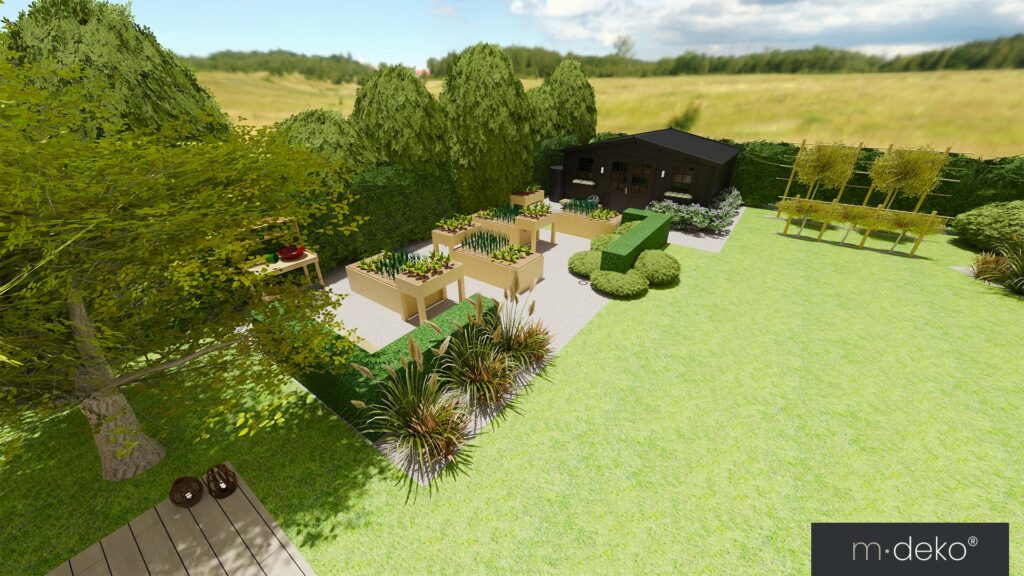 Vue 3D d’un aménagement extérieur avec terrasse, allées minérales et jardin paysager
