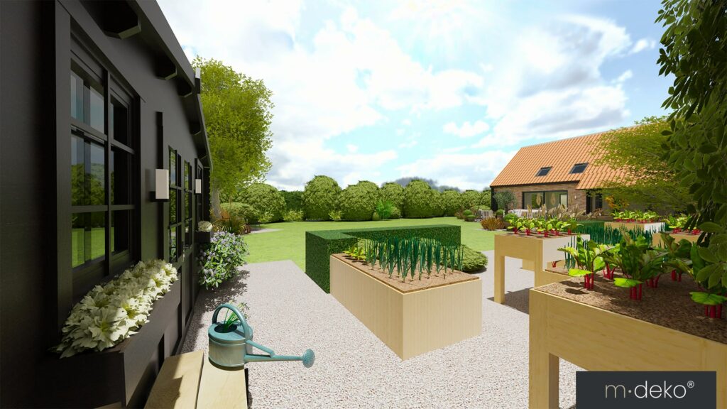 Terrasse moderne avec jardinières potager surélevées et aménagement paysager