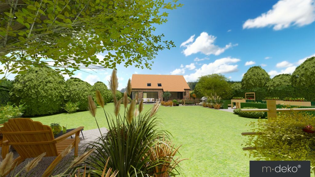 Jardin paysager avec pelouse, terrasse et bassin, vue sur maison au toit tuiles