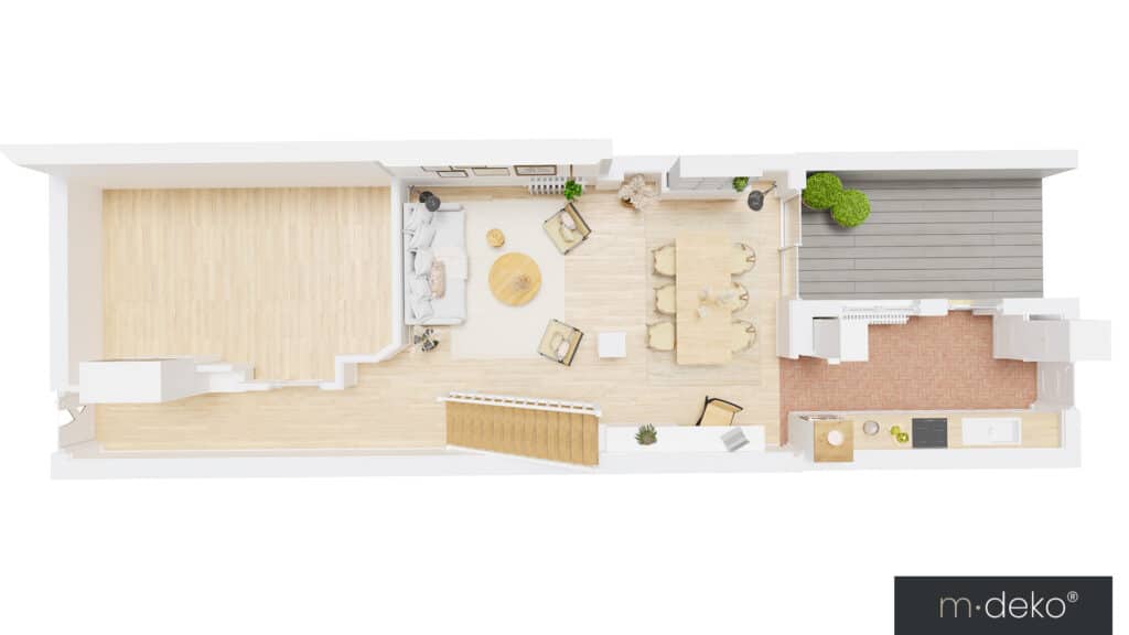 Plan 3D d’un salon contemporain avec cuisine et terrasse intégrées, mobilier et végétation paysagère
