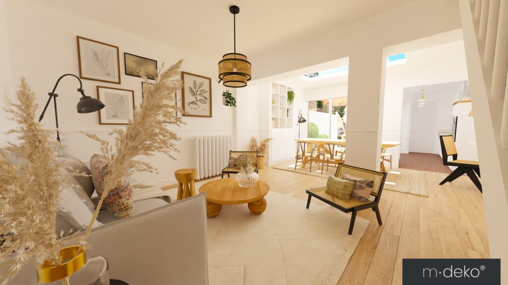 Salon lumineux avec déco beige, fauteuils en rotin, table basse en bois et luminaires suspendus