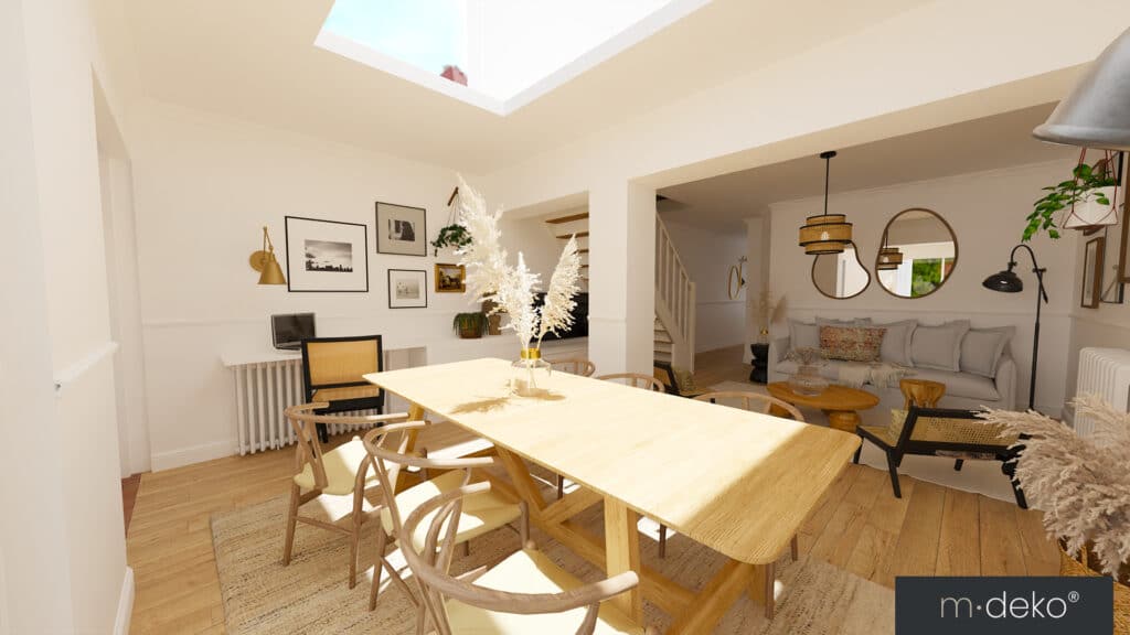 Salle à manger lumineuse avec table en bois, salon et décoration élégante, aménagement intérieur signé m·deko
