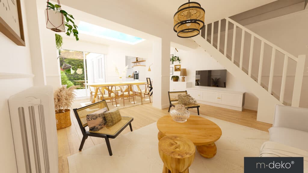 Salon lumineux sous verrière, aménagement intérieur avec escaliers blancs, cheminée et mobilier bois, rendu 3D M·DEKO