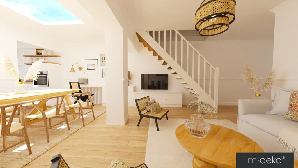 Salon moderne avec cheminée encastrée, escalier bois et verrière, décoration lumineuse intérieure M·DEKO