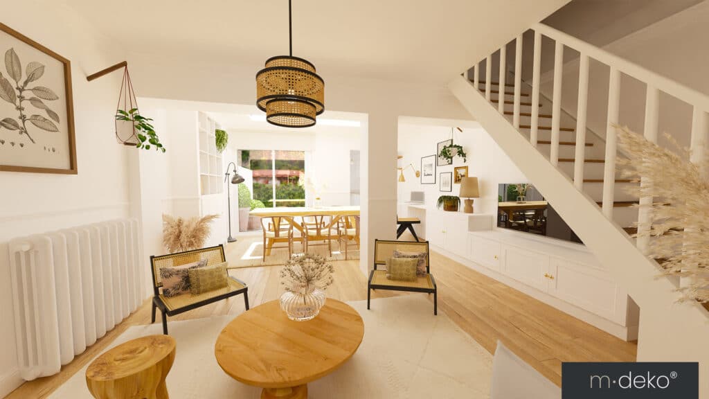 Salon lumineux d’aménagement intérieur avec escalier, verrière et suspension, logo m.deko®