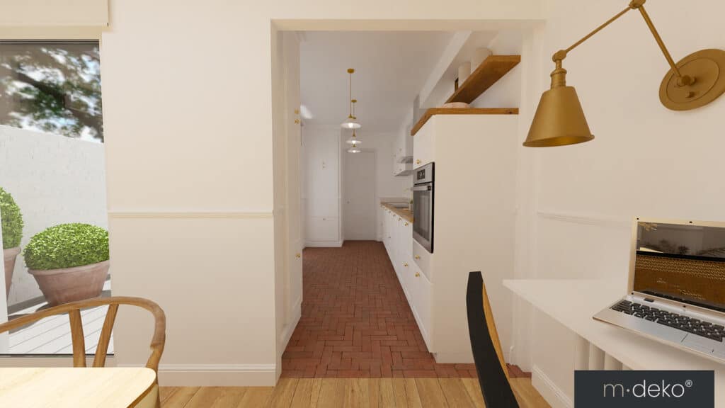 Cuisine blanche avec verrière en bois et éclairage suspendu, vue sur espace intérieur lumineux, design M·DEKO